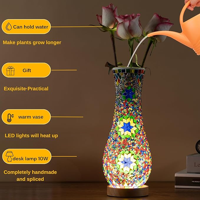 Turkish Moroccan Table Lamp, Mosaic Vase Lamp, Colorful Handmade Glass, Decorative Water-Fillable, Three-Color Light, Fit for Ambient Living Room Farmhouse