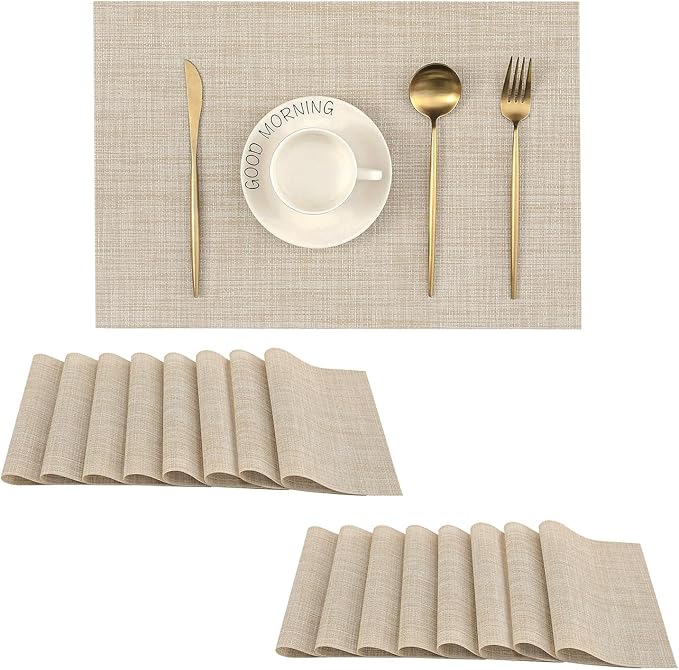 Leetaltree Beige Placemats Set of 16 - Heat Resistant Non-Slip Place mats for Dining Table, Washable Durable PVC Vinyl Woven Table Mats（Beige, 16）