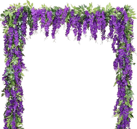 Wisteria Artificial Flowers Garland, 2Pcs Total 14.4ft Silk Faux Wisteria Vine Kit, Hanging Flower Plant for House Outdoor Garden Ceremony Outside Wedding Arch Floral Decor (2, Purple)