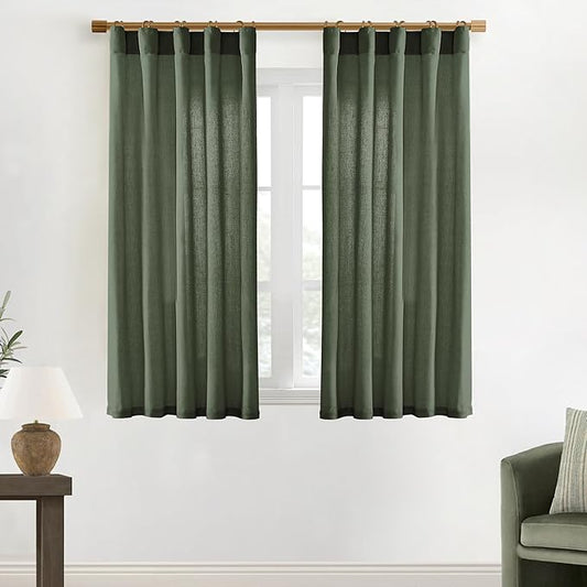 XTMYI Short Curtains for Bedroom,Pole Pocket Back Tab Linen Boho Small Curtain for Kitchen Shower Bathroom Window,54 Inch Length,Dark Olive Green