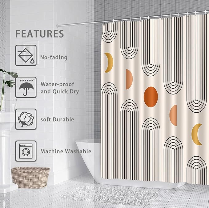 Boho Shower Curtains for Bathroom Mid Century Minimalist Abstract Aesthetic Modern Bathroom Decor Curtain Machine Washable Waterproof Fabric with 12 Hooks (Beige Minimalist, 72" x 72")