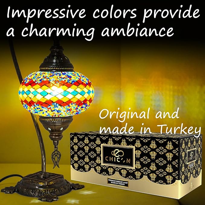 CHICON Handmade Mosaic Tiffany Boho Lamp | Genuine Glass Mosaic | A Piece of Art in Unique Moroccan Bohemian Small Table Lamp - SWAN Fire Wave Orange Red