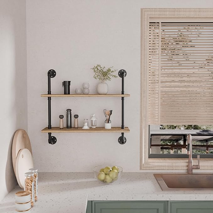 2 Tier Industrial Wall Shelves,32 inch Industrial Pipe Shelf with Solid Wood Plank,Kitchen Shelves Wall for Farmhouse,Wall Mounted Pipe Shelving for Bathroom