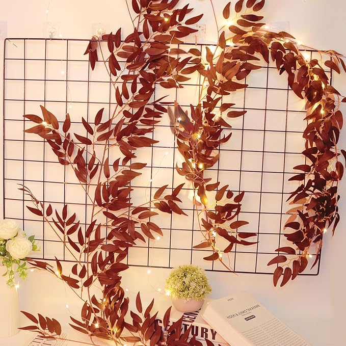 Artificial Hanging Willow Vine Twigs Whit Light 2Pcs 5.7Ft Fake Fall Garland Faux Silk Willow Leaves Ivy Indoor Outdoor Wedding Jungle Birthday Autumn Wreath Thanksgiving Christmas Party Decor