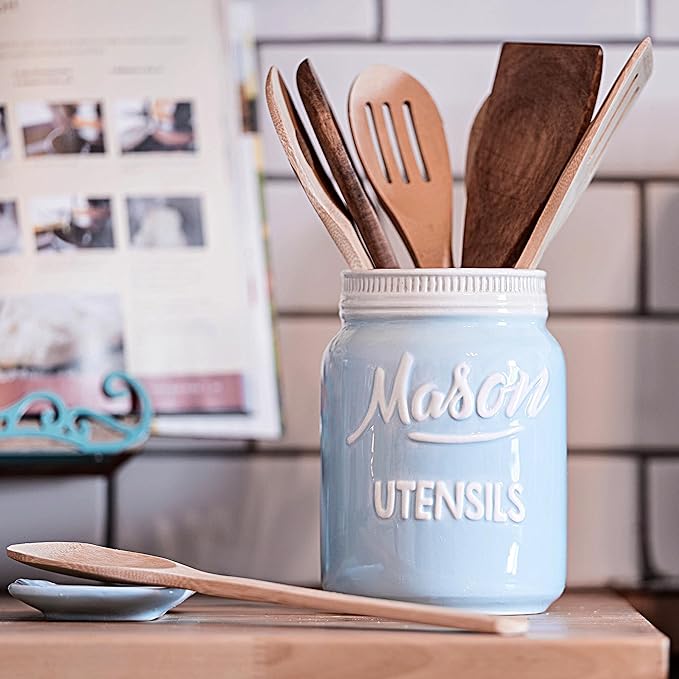Mason Jar Ceramic Set - Cooking Utensils Set with Ceramic Jar, Measuring Cups & Spoons, Utensil Holder for Stove, and Sponge Holder Ceramic - Vintage Utensil Rest & Condiment Shakers (Blue, 17-Pieces)