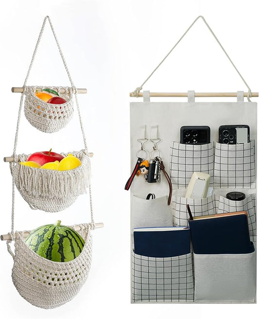 2Pcs RV Hanging Storage Bags Set, 3 Tier Boho Style Decor Hanging Fruit Basket & 7 Pockets Linen Fabric Over Door/Wall Mount Organizer with 2 Hooks, Space-Saving for Home, Kitchen, RV, Dorm