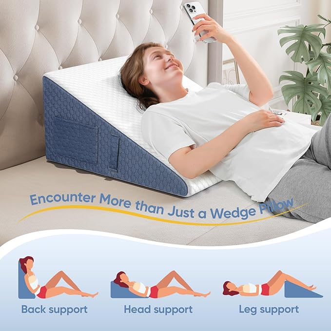 Wedge Pillow with Extra Replaceable Washable Covers, 2024 New 12'' Bed Wedge Pillow for Sleep Apnea, Acid Reflux, Heartburn, GERD, Cooling Memory Foam Top Incline Pillow for Improved Sleep