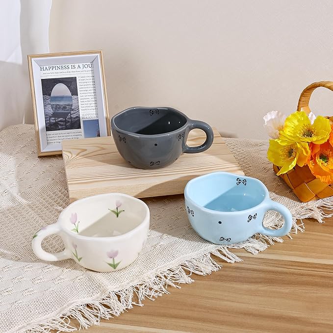 Koythin Ceramic Coffee Mug, Handmade Hot Chocolate Mugs, Cute Cup for Girl Women, Aesthetic Tea Milk Cup with Handle, 8.5 oz/250 ml for Latte, Cocoa, Office, Home (Purple Tulip)