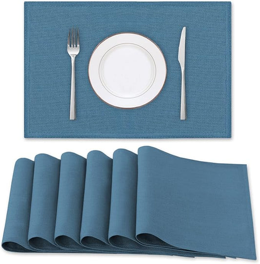 H.VERSAILTEX Linen Placemats Set of 6 Premium Solid Table Mats for Dining Table Spill-Proof Waterproof Heat-Resistant Kitchen Mats Washable, 12x18 inches, Ink Blue