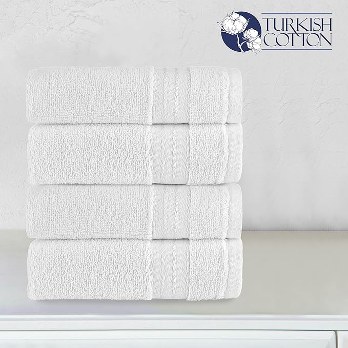 Elegant Comfort Premium Turkish Cotton 4 Pack Hand Towel Set - 16 x 28 inch, Luxurious Hotel Spa Quality 100% Turkish Cotton 4PC Hand Towel Set - Highly Absorbent - Soft Bathroom Towels, White