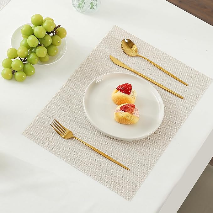 Leetaltree Pale Beige Placemats Set of 6 - Heat Resistant Non-Slip Place mats for Dining Table, Washable Durable PVC Vinyl Woven Table Mats（Pale Beige, 6）
