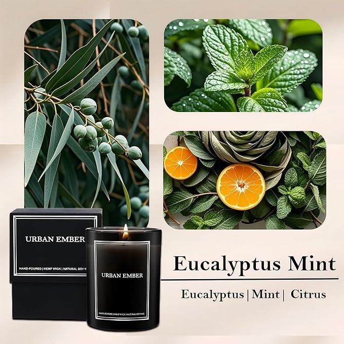 Eucalyptus Mint Scented Candle, Aromatherapy Candle for Home Scented - 55 Hours Long Lasting Soy Wax Candle - Strong Fragranced Black Candle Gift for Women & Men, 8 oz