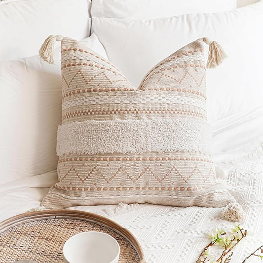 Decorative Throw Pillow Cover 20x20 Square Cream Neutral White Boho Accent Pillowcase Tassels Farmhouse Cushion for Couch Sofa Bedroom Living Room Home Décor (Cover ONLY, Pack of 1)