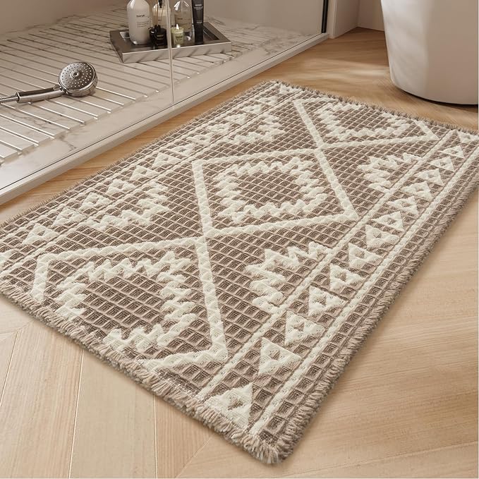 PADOOR-Waffle Bath Mat 24"x36"-Super Absorbent Bath Mats for Bathroom, Machine Washable Non Slip Bathroom Rug with Tassels, Soft Bathroom Mat for Laundry Room, Bedroom, Brown & Cream, 2'x 3'