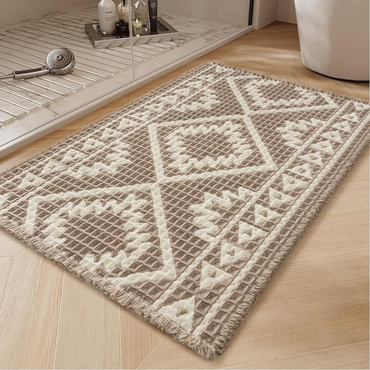 PADOOR-Waffle Bath Mat 24"x36"-Super Absorbent Bath Mats for Bathroom, Machine Washable Non Slip Bathroom Rug with Tassels, Soft Bathroom Mat for Laundry Room, Bedroom, Brown & Cream, 2'x 3'