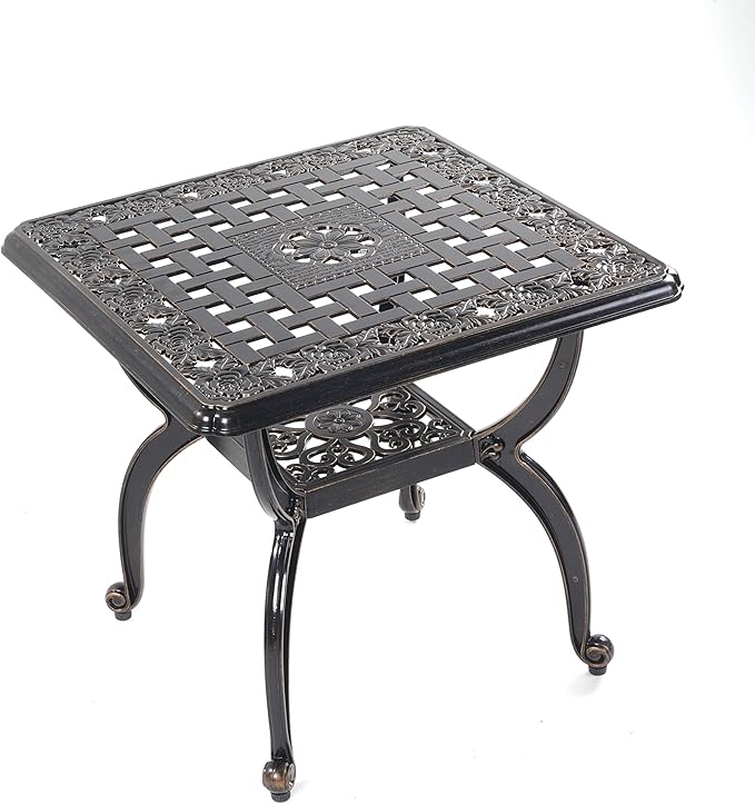 Mandolin Outdoor Patio,Rust -Resistant Cast Aluminum Side Table,Weather Resistant End Table，Coffee Table， Perfect for Patio, Backyard Or Garden. W 20.8" X H18.5(Aluminum Square, Copper)
