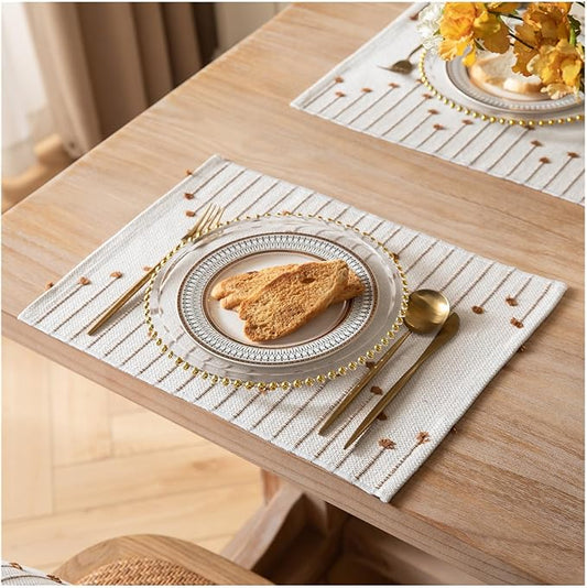 Placemats Set of 6 for Dining Table Décor, Woven Cloth Place Mats for Farmhouse Kitchen Tabletop, Handcrafted Machine Washable Cotton Table mats 13 x 19 Inch, Brown and Beige