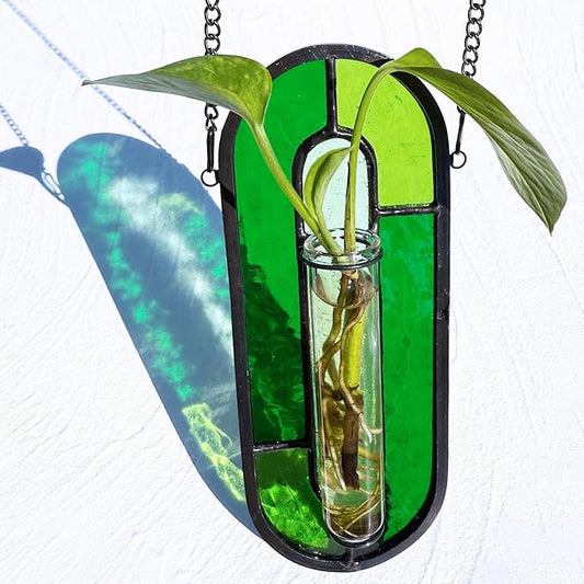 LITMIND Transparent Green Stained Glass Propagation Station - Handcrafted Suncatcher Hanging Planter with 2 Glass Tubes, Multi-Color Hydroponic Wall Décor for Windows, Home & Garden