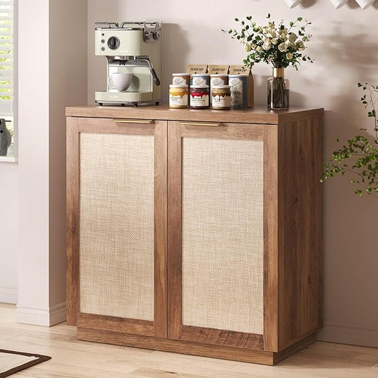 HOMMPA Rattan Sideboard Buffet Kitchen Storage Cabinet with Doors Boho Large Wood Cabinet with Adjustable Shelves for Dining Room Kitchen Living Room Hallway Entry Natural Brown