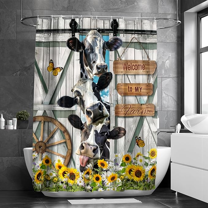 Farmhouse Cow Shower Curtain Funny Animal Butterfly Sunflower Cow Shower Curtains for Bathroom Decor Waterproof Polyester Fabric Western Barn Door Bathroom Curtain with Hooks 55x72 Inch