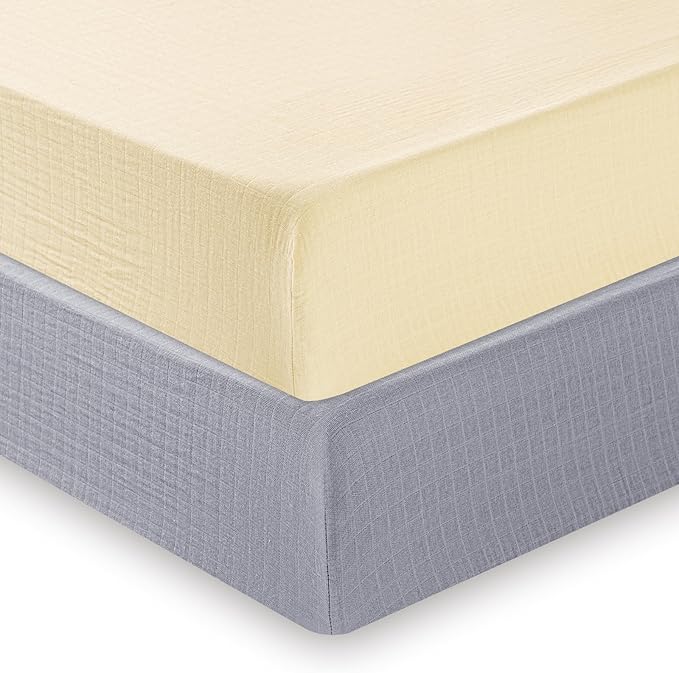 Muslin Crib Sheets for Boys Girls, 2 Pack 100% Cotton Soft Breathable Fitted Baby Sheet Set, 28x52 Inch Fits Standard Crib and Toddler Mattresses, Beige & Grey