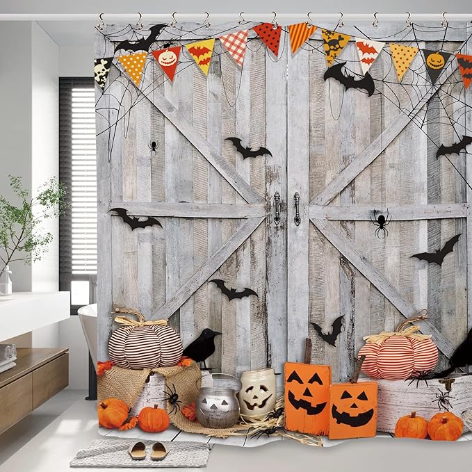 Halloween Pumpkin Bat Shower Curtain 60Wx72L Inch Horror Spooky Scary Barn Door Farmhouse Rustic Wood Wooden Holiday Bathroom Set Accessories Decor with 12 Pack Hooks