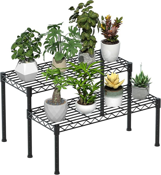Xiofio 2 Tier Ladder Potted Multiple Plants for Indoor and Outdoor Plant Stands, Adjustable Shelves and Multifunctional Plant Racks suitable for living room balconies and gardens,(Black)
