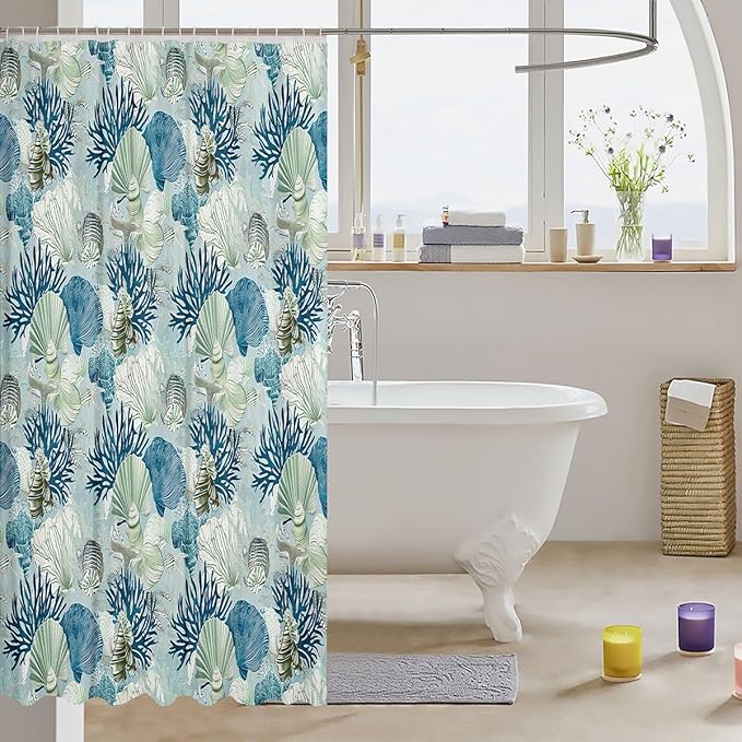 Feelyou Seashell Conch Print Shower Curtain 72"x72" Kids Marine Life Sea Bathroom Shower Curtain Set for Boys Girls Teens Ocean Marine Themed Bath Curtain Coastal Nautical Bathroom Accessories