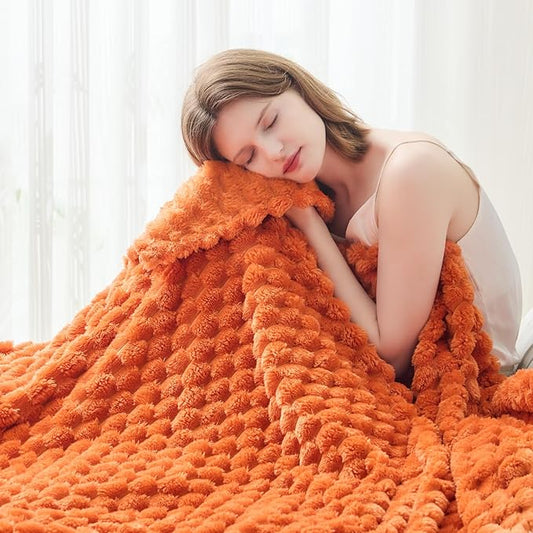 NEWCOSPLAY Super Soft Fall Twin Blanket Orange Premium Silky Flannel Fleece 3D Clouds Stylish Jacquard Lightweight Bed Blanket All Season Use 350GSM (Orange, Twin(60"x80"))