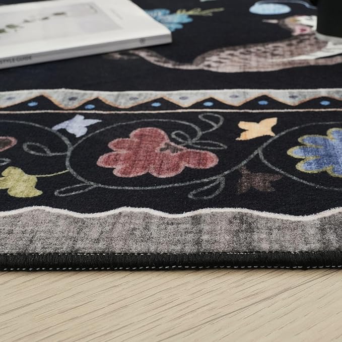 Runner Rug for Kitchen Non Slip 2'6''x8' Washable Rugs with Rubber Backing Soft Floral Animal Cat Carpet Runner for Kitchen Laundry Bedroom Bathroom, Black