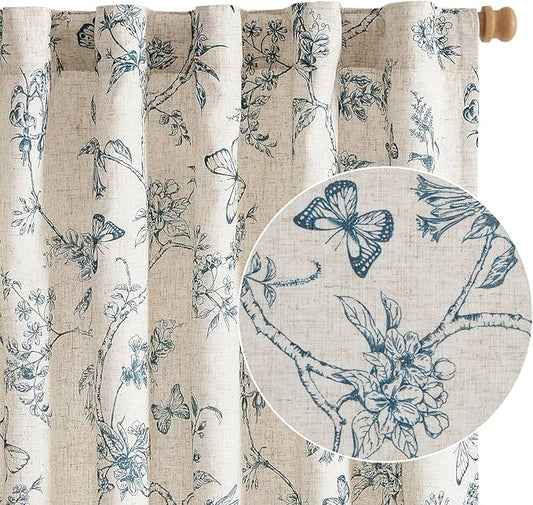 Lazzzy Farmhouse Linen Blue Floral Curtains 96 Inch Long Back Tab Drapes for Living Room Bedroom Light Filtering Country Vintage Rod Pocket, 2 Panels, Blue on Beige