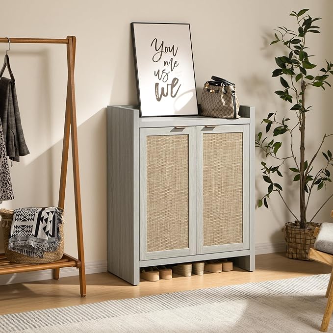SICOTAS Shoe Cabinet, 24 Pair Shoe Storage Organizer Cabinet, 41" Tall Rattan Shoe Cabinet with Doors and Shelves, 6-Tier Farmhouse Boho Wooden Storage Cabinet for Entryway Hallway, Whitish-Gray Oak