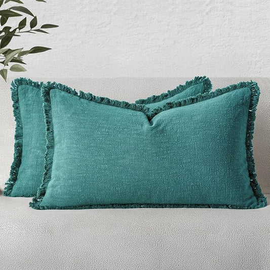 MIULEE Decorative Lumbar Throw Pillow Covers Neutral Linen Fringe Throw Pillows Set of 2 Teal Boho Farmhouse Cushion Covers with Tassels for Couch Sofa Bed Living Room Spring Home Decor 12x20 Inch