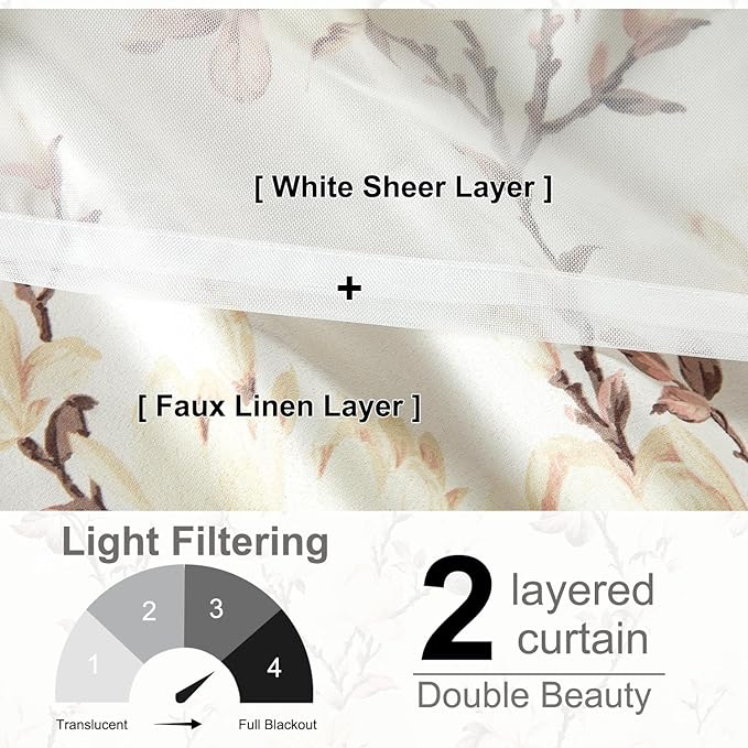 VOGOL Beige Blackout Curtains with Tulle Overlay, 2 Layered Flower Print Cloth Curtain Privacy Drapes for Living Room, Grommet Window Treatment for Bathroom, 52 x 96, 2 Panels