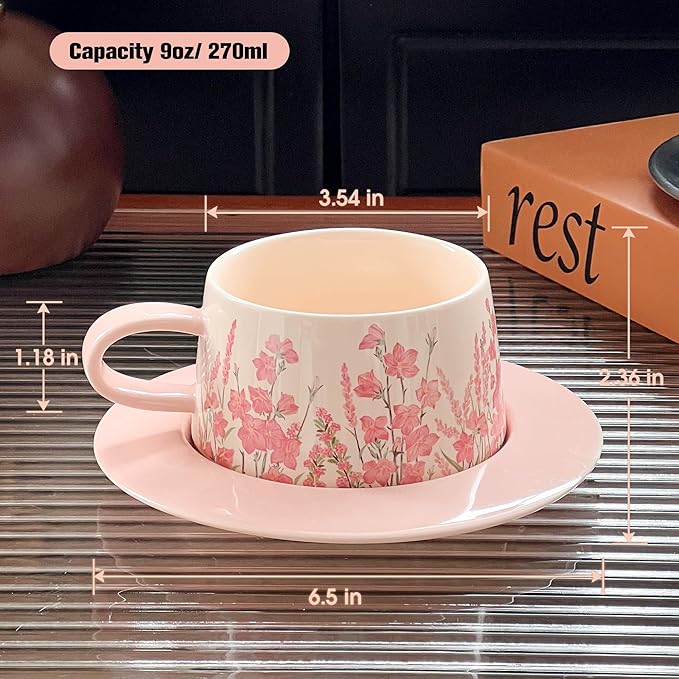 Pink Coffee Mug with Saucer Set, 9oz Pretty Ceramic Mugs with Floral Design, Elegant Flower Cup Perfect for Coffee Tea Cappuccino,Gift for Women, Mom, Friend, Mothers Day Gifts