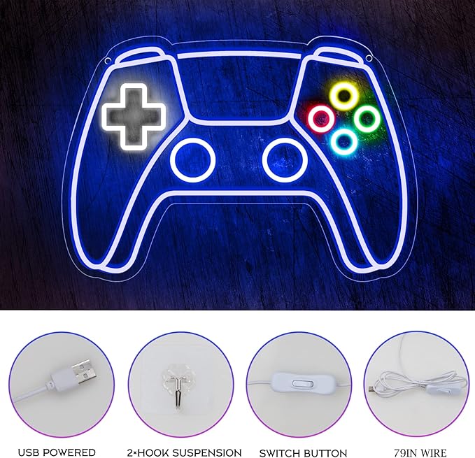 Gamer Neon Sign, Gamepad Shaped LED Neon Sign for Gamer Room Decor, Gaming Neon Sign for Boys Room Decor, Neon Gaming Sign for Gaming Wall Decor, USB Powered Gamer Gifts for Teens, Boys, Kids