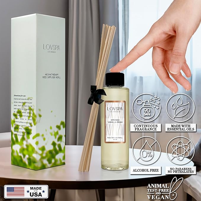 LOVSPA Smoked Vanilla Bean Reed Diffuser Refill, 4 oz, Bundle with Smoked Vanilla Bean Reed Diffuser Set - Made with Essential Oils in The USA