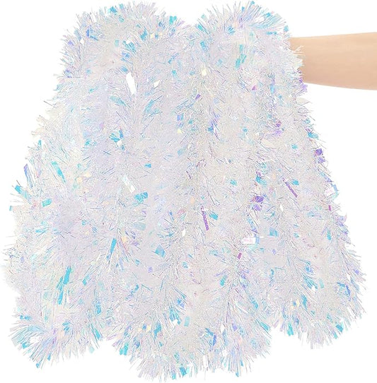 26.2 Feet Iridescent White Holiday Tinsel Garland for Christmas, Birthday, Weddings, Party Decorations, Xmas Foil Tinsel Garland for All-Season Home Indoor Outdoor Party Supplies(Iridescent White)