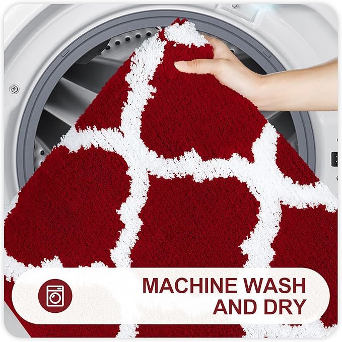 OLANLY Bathroom Rugs 47x17, Soft and Absorbent Microfiber Bath Rugs, Non-Slip Shaggy Shower Carpet, Machine Wash Dry, Bath Mats for Bathroom Floor, Tub and Shower, Burgundy