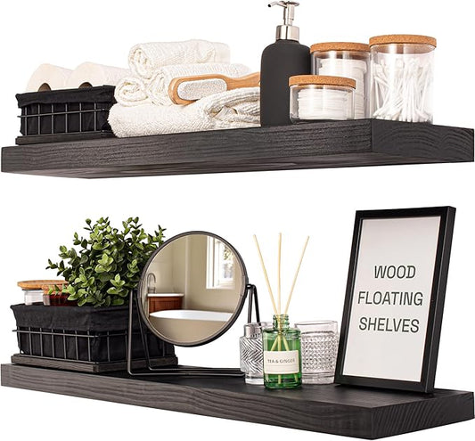 BAOBAB WORKSHOP Wood Floating Shelves for Bathroom Wall - Solid Wood Shelf 36 inch - Long Floating Shelves for Wall for Bedroom Kitchen Living Room - Black Shelves - 36 x 6.7 Inch, Set of 2