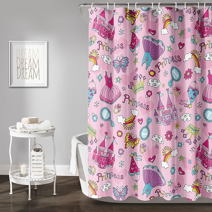AILONEN Princess Dress Shower Curtain,Cartoon Sparkling Star Diamond Waterproof Shower Curtain Set for Girls Kids Teens, 36" W*72" H Pink Castle Jewelry Shower Curtain for Bathroom