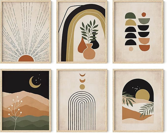 HAUS AND HUES Boho Prints Neutral Wall Art - Set of 6 Boho Mid Century Modern Wall Art, Aesthetic Prints for Wall Decor and Mid-Century Modern Artwork (Beige Frame, 11x14)