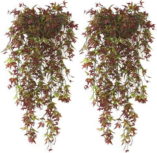 Artificial Hanging Vine Plants for Outdoor Decor, Plastic Ivy Garland Fake Vines Grass Greenery Home Garden Window Box Indoor Party UV Resistant Wedding Wall Decoration Decorations- Red 4 Bundles