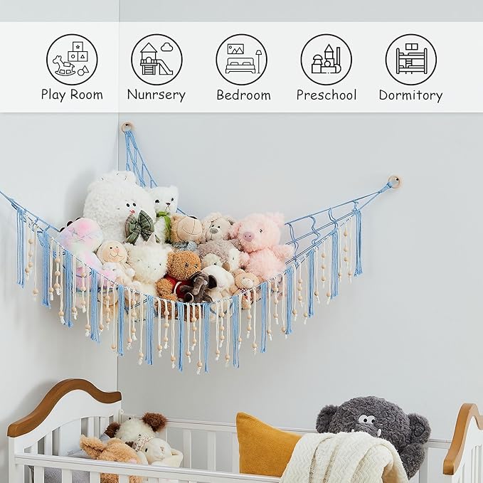 Pretty Jolly Stuffed Animal Storage Hammock with Wooden Beads Corner Hanging Net Boho Tassel for Toy Plush Holder for Kid Room Nursery Decor Wall Display Organizer for Girls Boy Gift(Light Blue)
