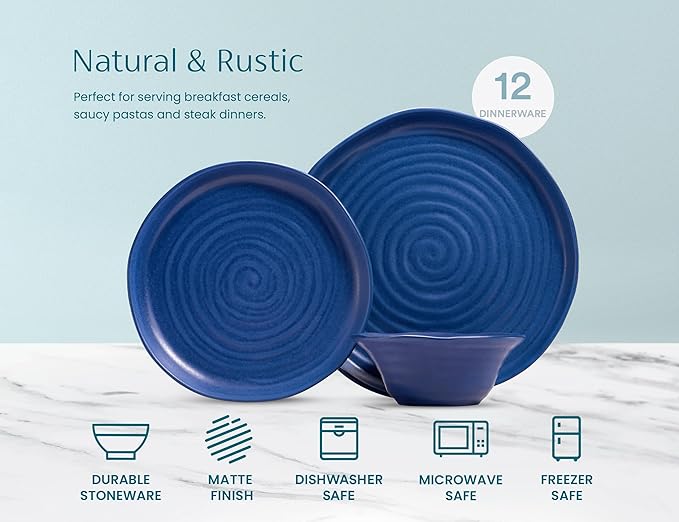 Kook Ceramic Dinnerware Set, 12 Piece, Organic Shape, Dinner Plates, Salad Plates, Soup Bowls, Microwave and Dishwasher Safe, Service for 4, Navy Spiral Pattern