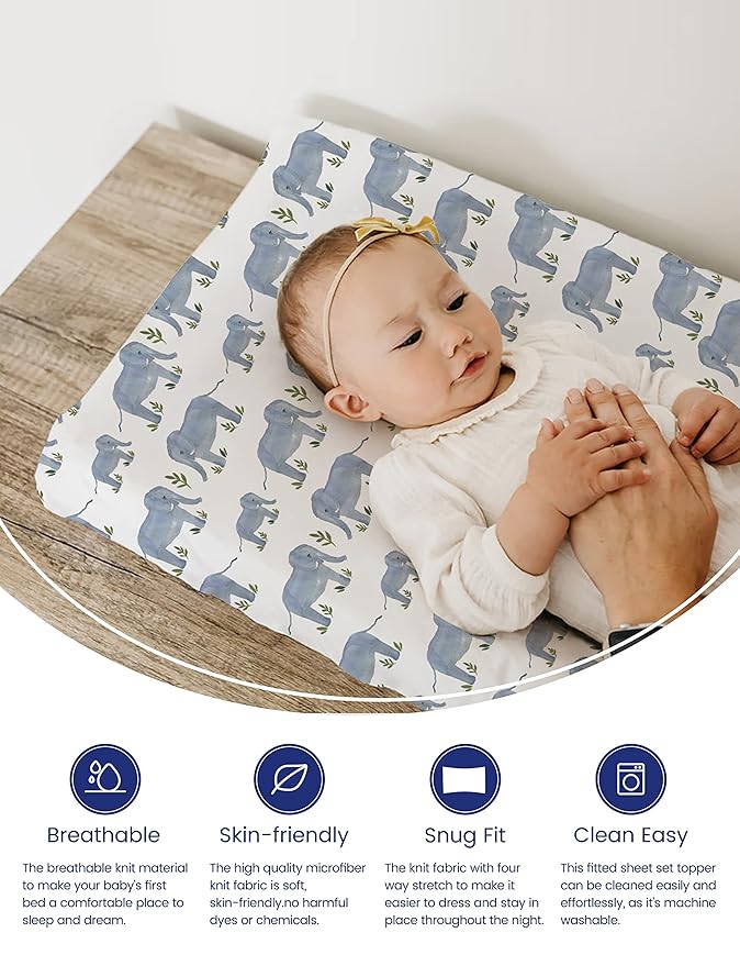 TotAha Premium Stretchy Changing Pad Covers (2-Pack)-Hypoallergenic, Silky Comfort, Buttery Soft, Calming Effect, All-Season Jersey-Knit 5'' Deep Pocket (Belgian & Blue Painted Elephant)