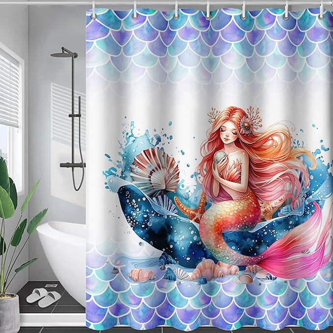AILONEN Mermaid Shower Curtain,Watercolor Whale and Mermaid Bath Curtain,Beautiful Mermaid Princess Shower Curtain Ocean Fish Scale Print Curtain Waterproof with 12 Plastic Hooks, 72" W*78" H
