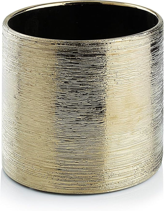 WGVI Gold Etched Ceramic Cylinder Vase Width 5.5" Height 5", Flower Arrangements, Candle Holder, Terrarium Planter Pot, Storage Container Organizer, Pen Brush Holder, Scratched Texture Design, 1 Pc