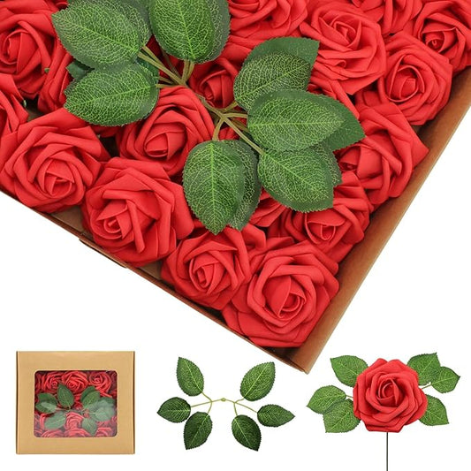 Artificial Flowers Red Roses Real Looking Foam Fake Roses 50PCS with Leaves and for DIY Wedding Bouquets Bridal Shower Centerpieces Party Decorations (Red)