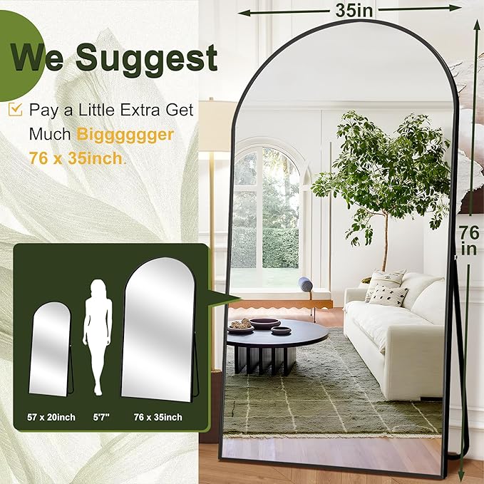 NicBex Oversized Full-Body Mirror, Large Arched Full Length Mirror with Stand, 76"x35" Aluminum Alloy Frame Oversized Floor Mirror, Black - Free Standing, Leaning Against Wall or Wall-Mounted